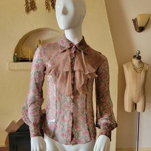 Anna Sui Sheer Silk Floral Secretary Blouse Top Size 2